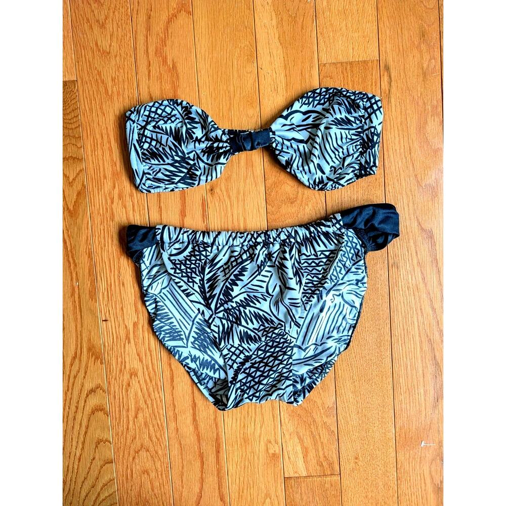 Vintage 80s Gottex Bandeau Bikini High Leg Black Silver Tropical Miami Chic S